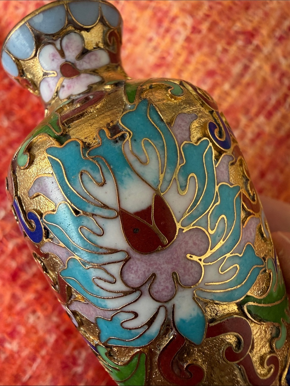 Vintage golden floral cloisonné vase, Chinese Antiques - Picture 6 of 7